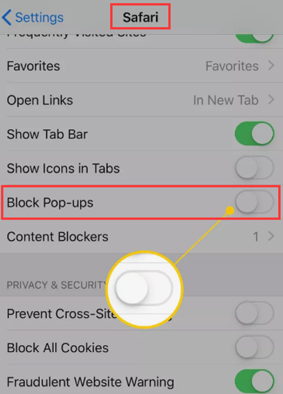 The phone screen shows the position of Block Pop-ups.