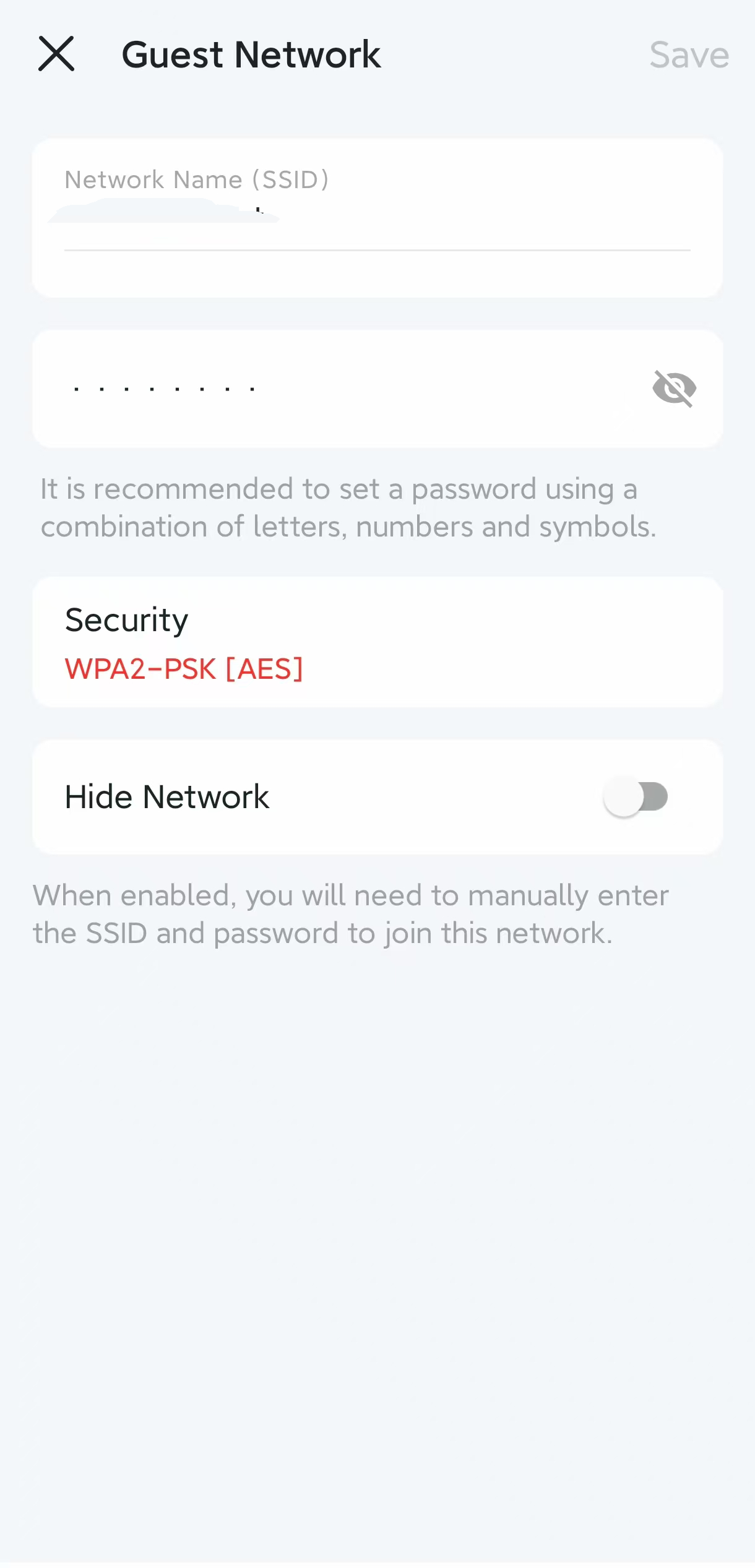 The guest network settings and security settings.