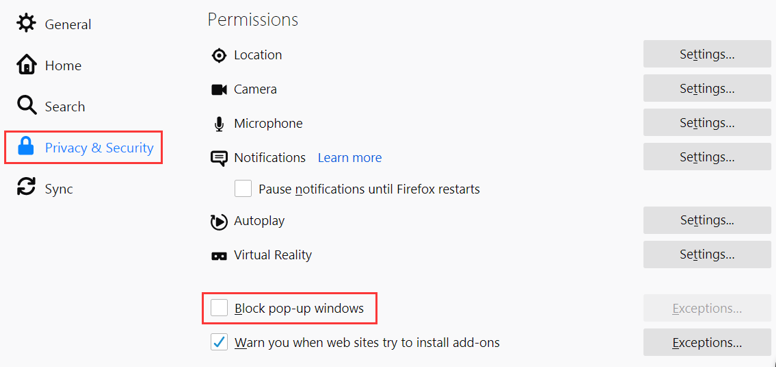 The web screen shows the position of Block Pop-up Windows under the Privacy & Security tab of the Firefox browser.