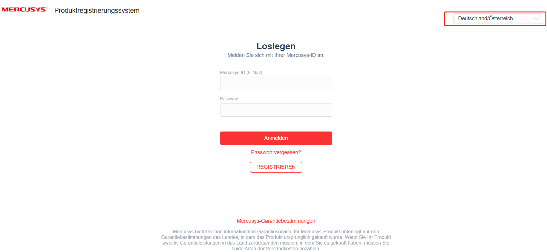 Anzeige der Anmeldeseite des Mercusys Registrierungssystems