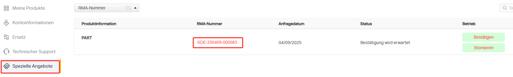 Der Web-Bildschirm zeigt auf der linken Seite die Position Spezielle Angebote an.