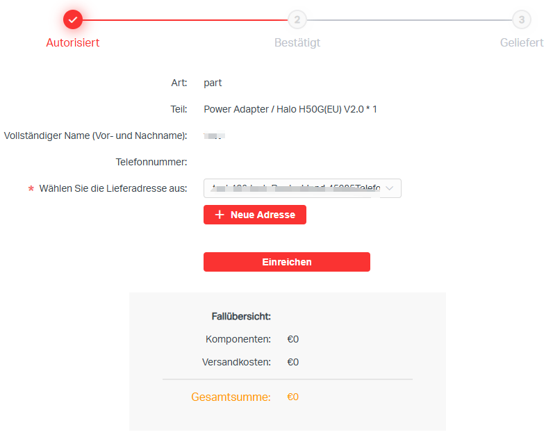 Die Detailseite einer der Ersatzbestellungen, die zeigt, wie man die Lieferadresse auswählt.