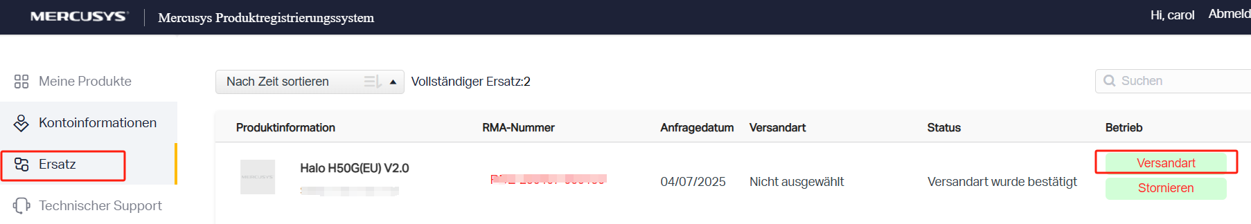 Die Ersetzungsliste, die den Status der Ersetzungsanträge und die zu ergreifenden Maßnahmen anzeigt.