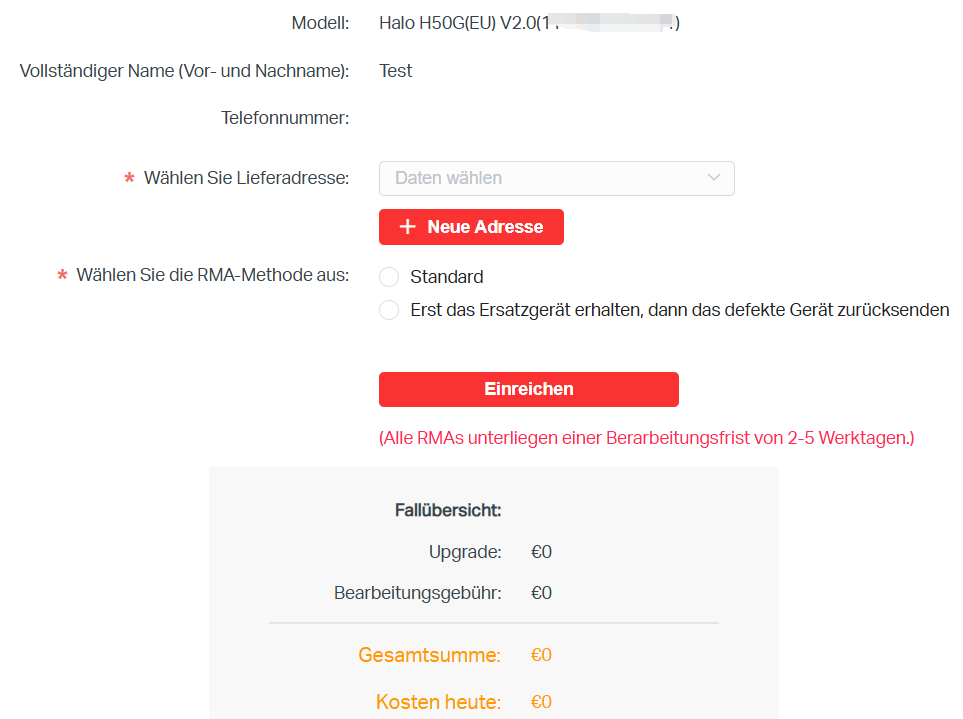 Die Detailseite einer der Ersatzbestellungen, die zeigt, wie man die Versandadresse und die Versandart auswählt.