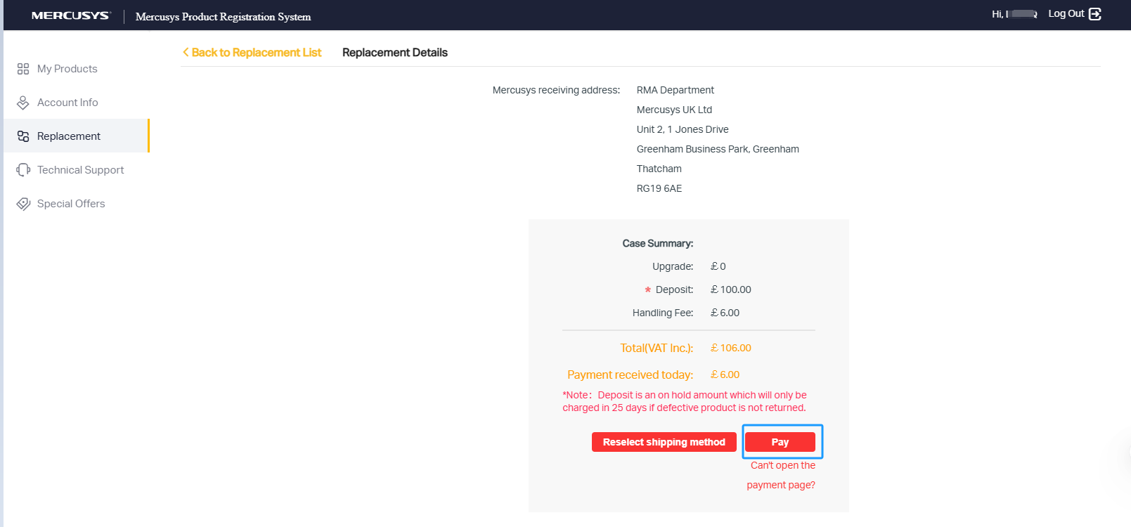 Replacement Details showing the position of the Pay button.