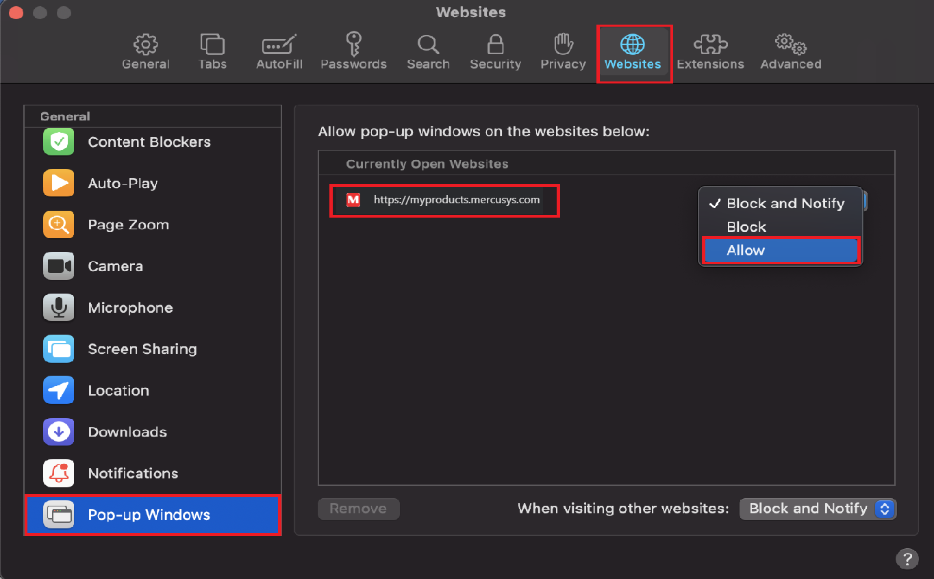 Web screen shows the position of Pop-up Windows settings on Safari browser.