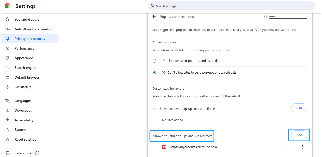Web screen shows the position of Allowed to send pop-ups and use redirect settings on the Google Chrome browser.
