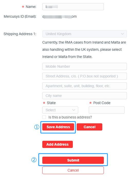 The web screen displays the Save Address and Submit buttons when adding a shipping address. It prompts the user to click the Save Address button first, followed by the Submit button.