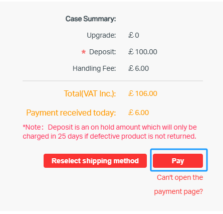 Case Summary of Advanced RMA showing the position of the Pay button. 