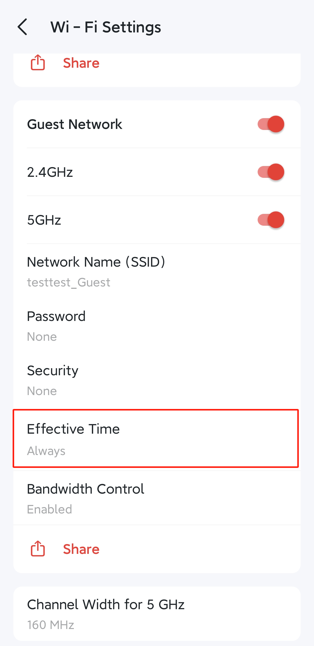 The Wi-Fi settings and the effective time option of the guest network.