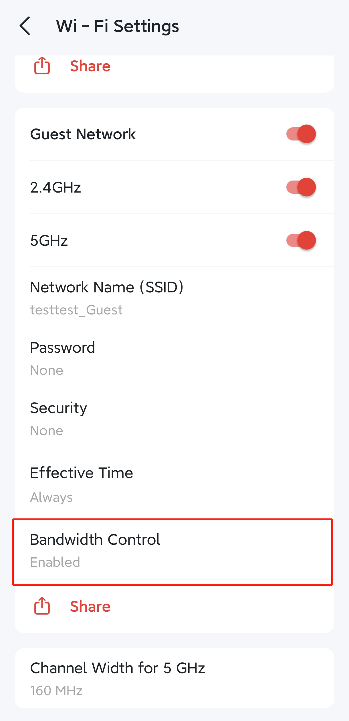 The Wi-Fi settings and the bandwidth control option of the guest network.