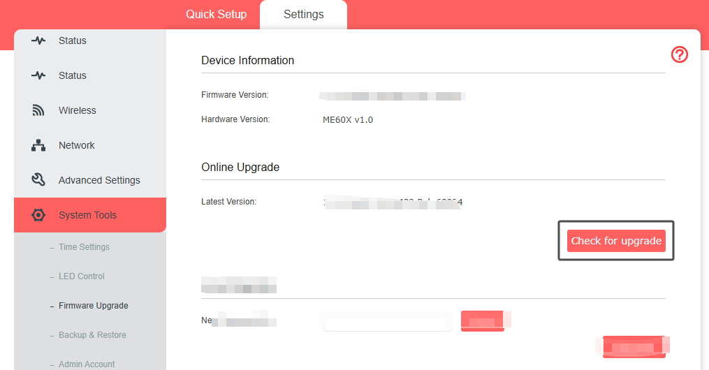 Locate the Check for upgrade button in the Online Upgrade section.