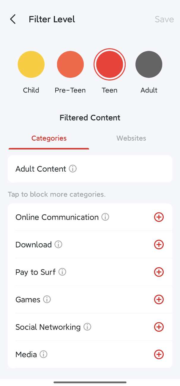 Tap Filter Level > Categories to select the Website Categories you need to be blocked.