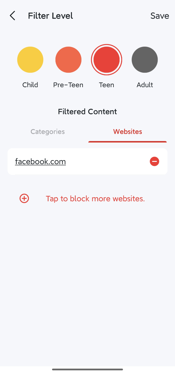 Tap Filter Level > Websites to manually set the websites you need to be blocked.