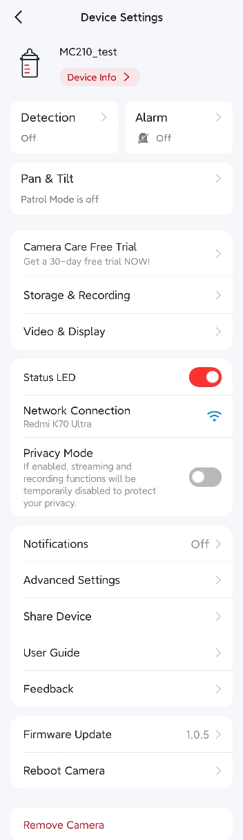 The Device Settings page in the App.