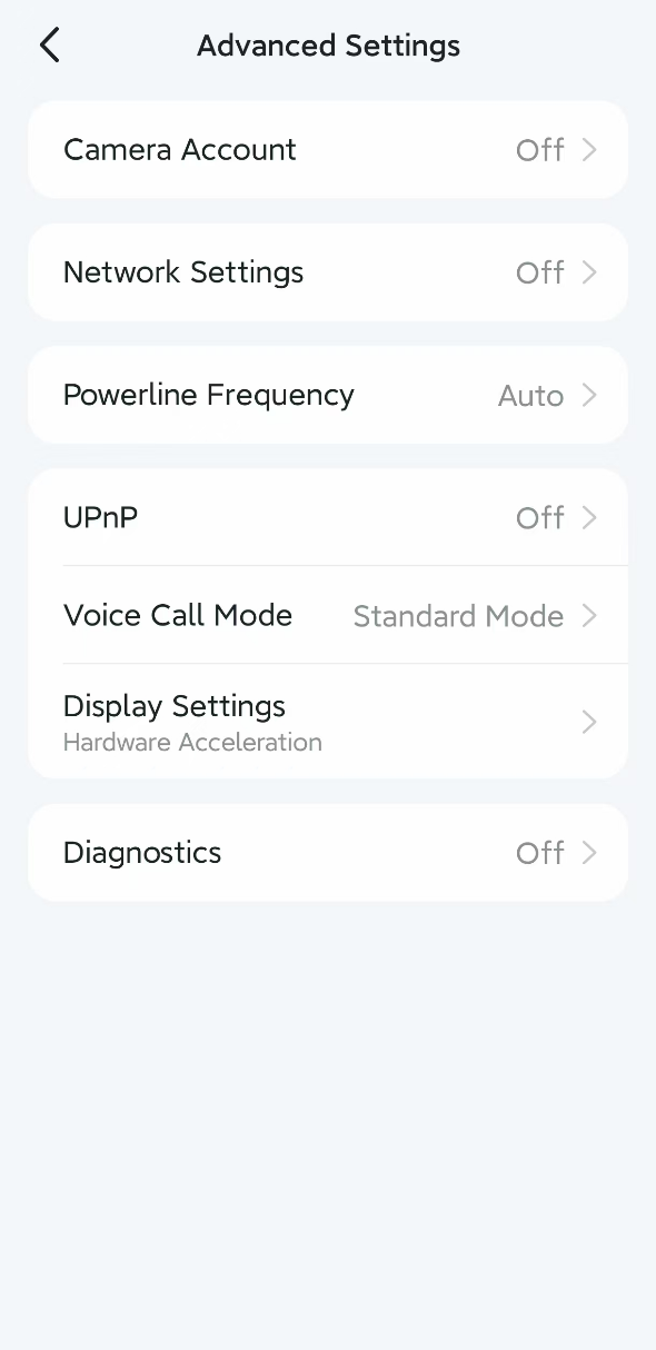 The Advanced Settings page of camera.