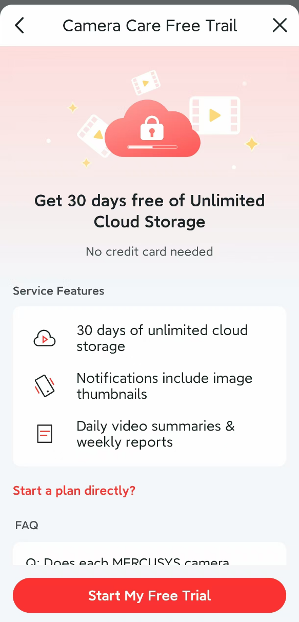 The Camera Care Free Trial page in the App.