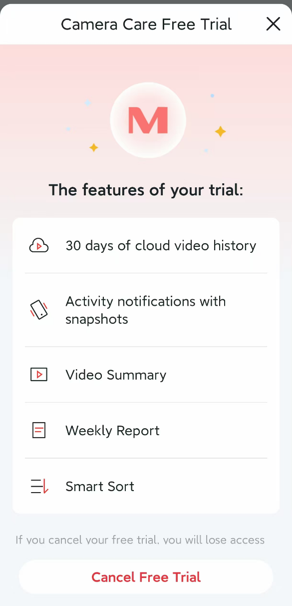 Display the features of your Camera Care free trial.