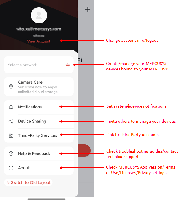 The Menu page of MERCUSYS App.
