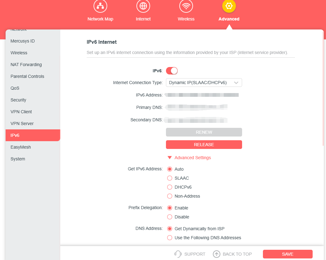 Display the Dynamic IP connection type settings.