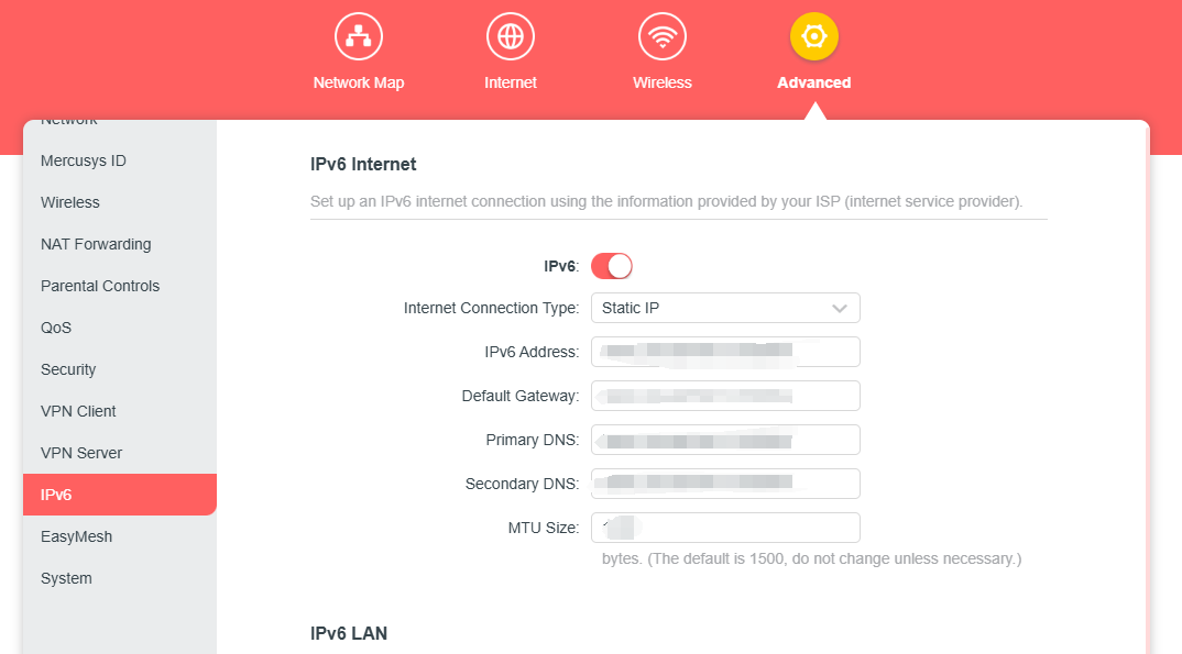 Display the Static IP connection type settings.
