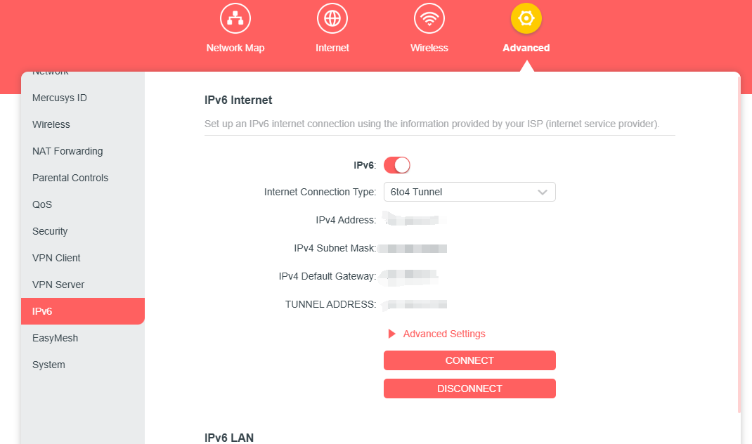 Display the 6 to 4 Tunnel connection type settings.