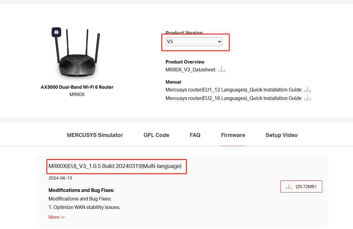 The Firmware download page on the MERCUSYS official website.