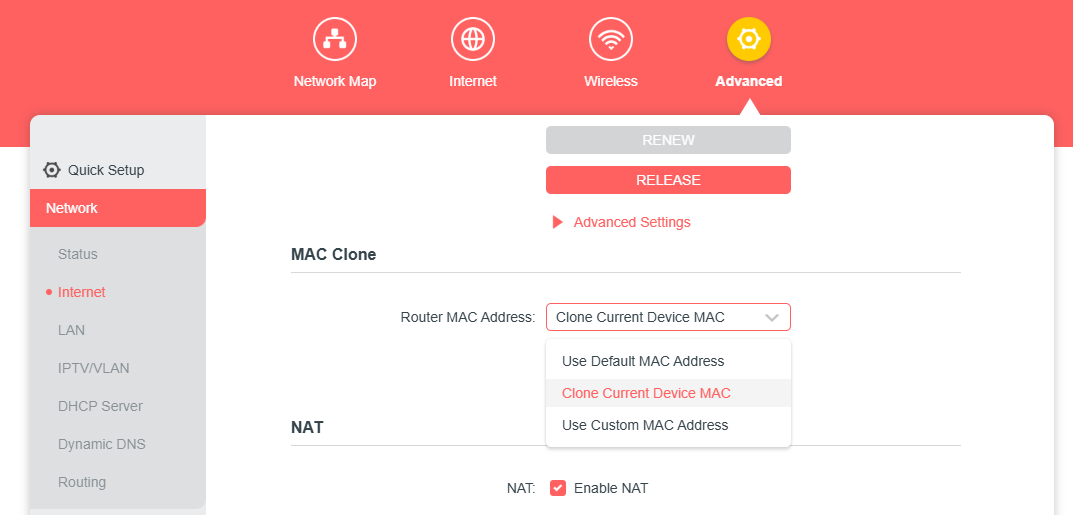 Locate the MAC Clone Setting on the router’s web management page.