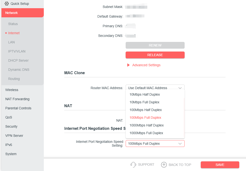 locate the Internet Port Negotiation Speed Setting on the router’s web management page.