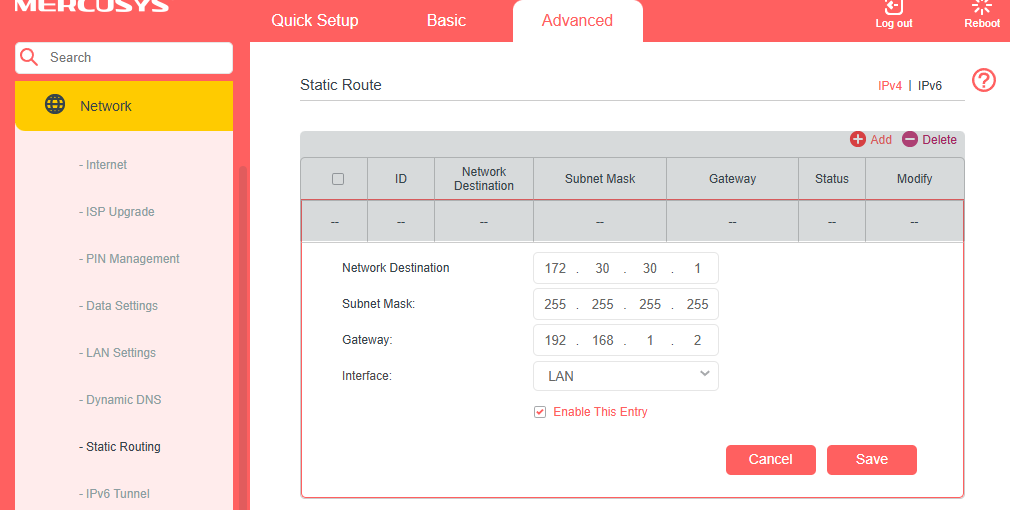 All settings in Add a Routing Entry page.
