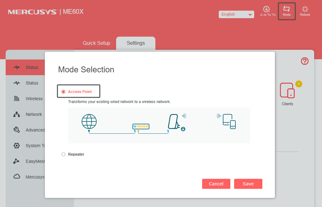 Display the Mode Selection page.
