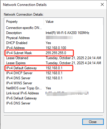 Check the IP, subnet mask and default gateway on the Windows PC.