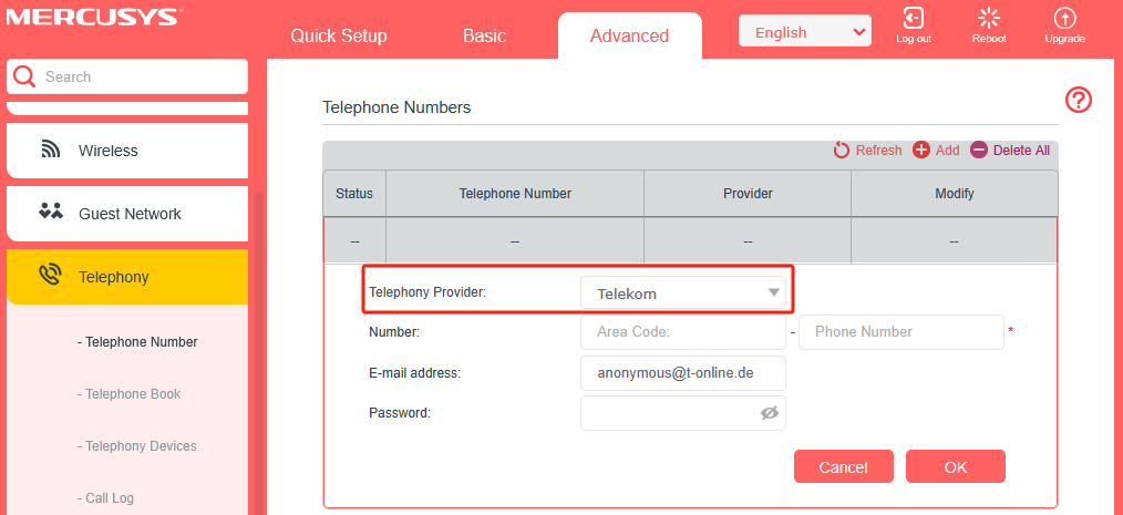 Select the corresponding telephony provider.