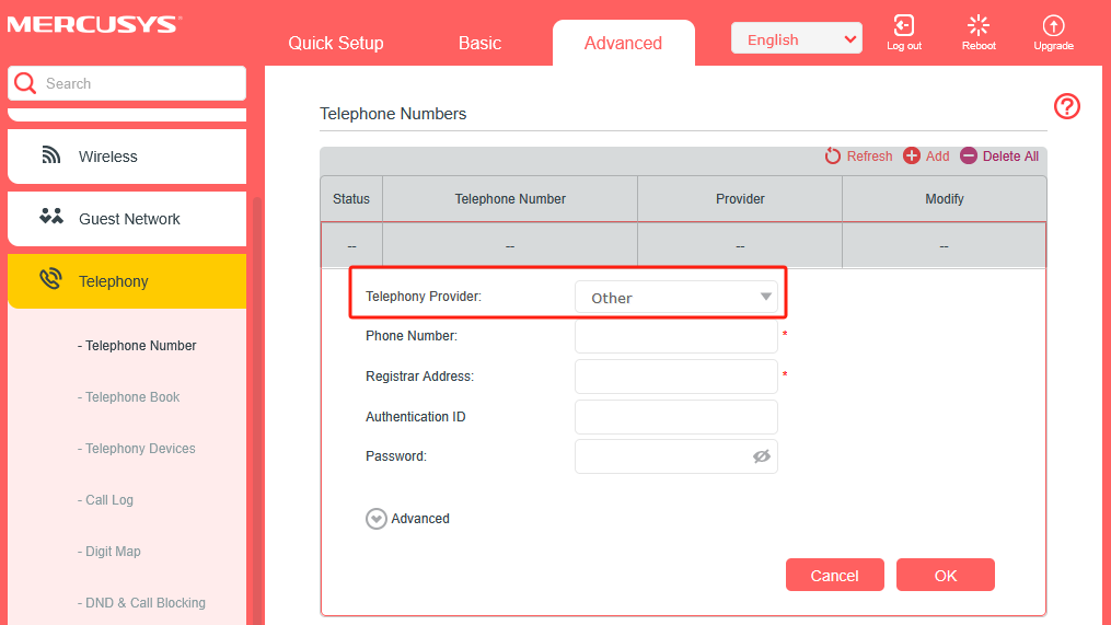 Select Telephony Provide to Other when your Telephony Provider is not listed in the XPON.