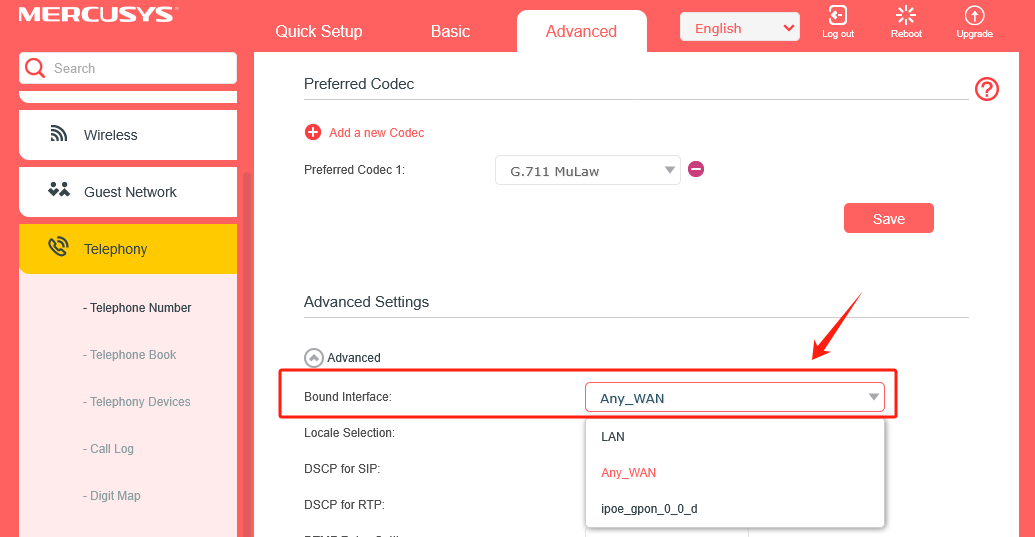 Locate the Bound Interface setting.