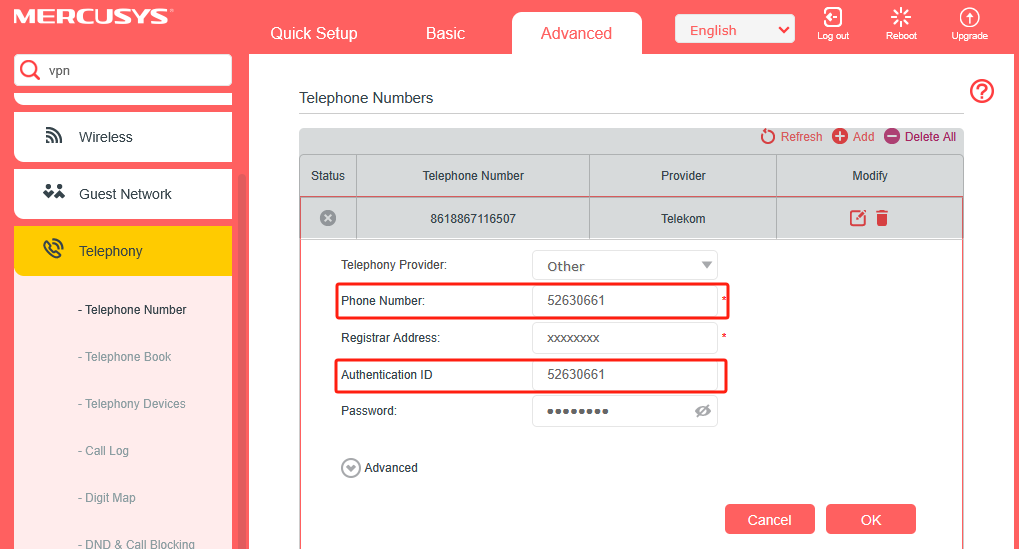 Configure the same settings for phone number and authentication ID.