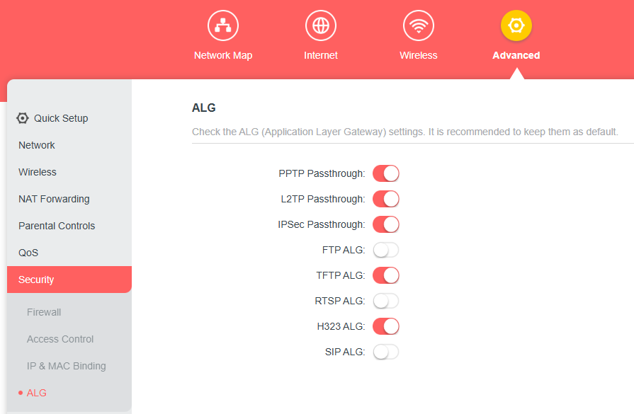 Display the ALG settings on the router's web GUI.