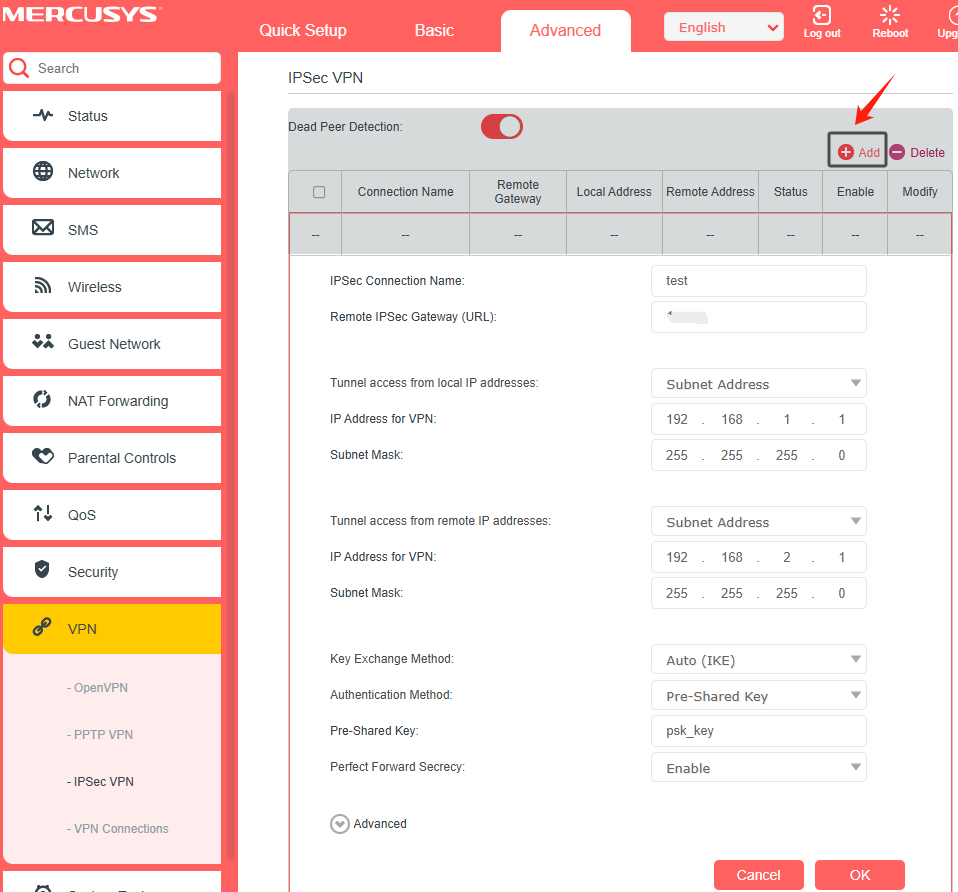 Set the IPSec VPN configurations on your router’s web management page.
