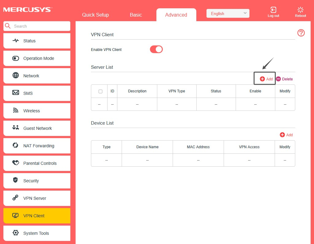 Locate the VPN Client feature on the router’s web management page.