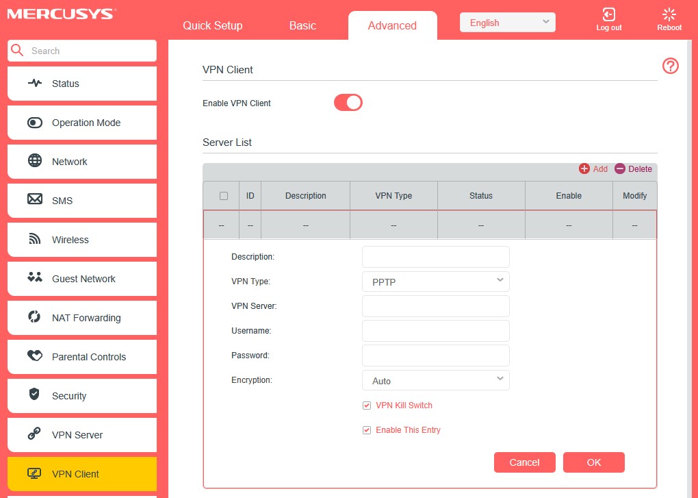 Configure the PPTP VPN settings.