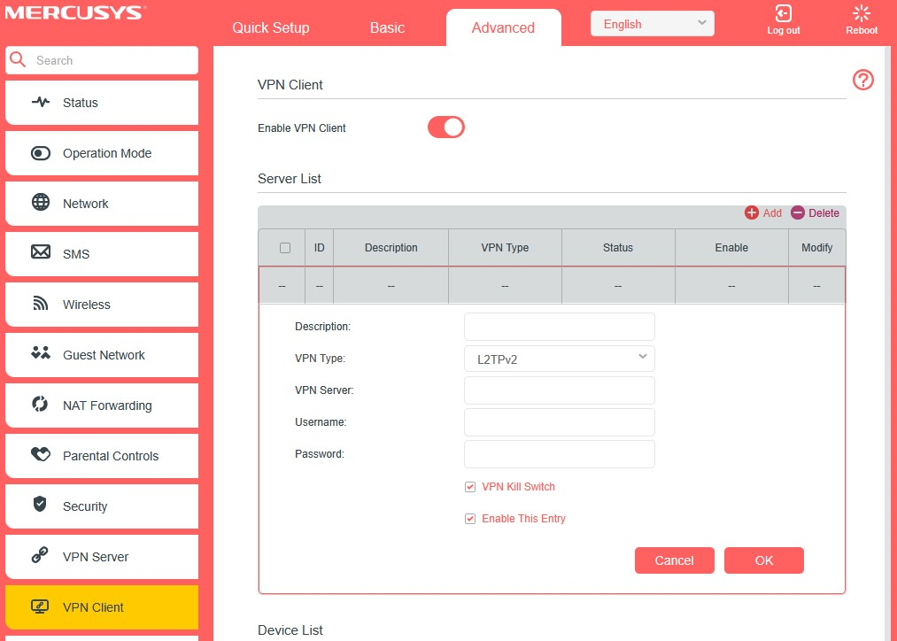 Configure the L2TP VPN settings.