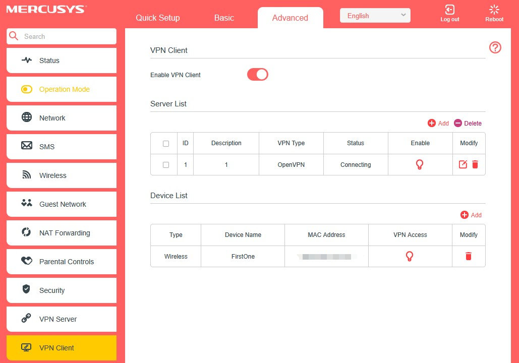 Set the clients that need VPN connection.