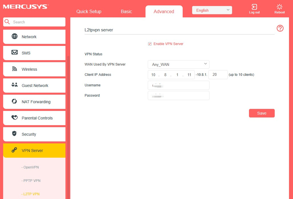 Locate the L2TP VPN Server settings on your router’s web management page.