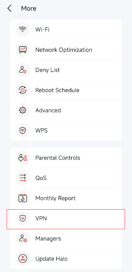 Locate the VPN funtion on More card.