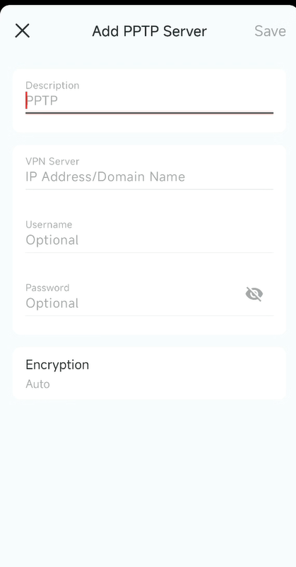 Configure the PPTP VPN settings.