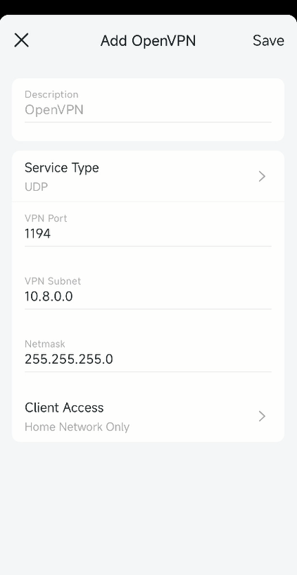 Display the default settings of OpenVPN server on Halo.