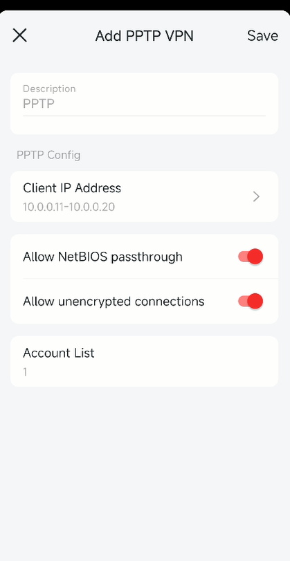 Configure the PPTP VPN Server settings.