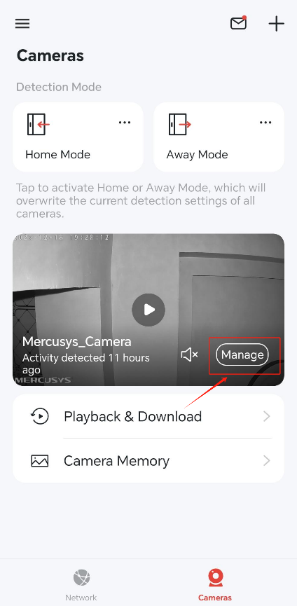 Display the Camera Home page on the App.