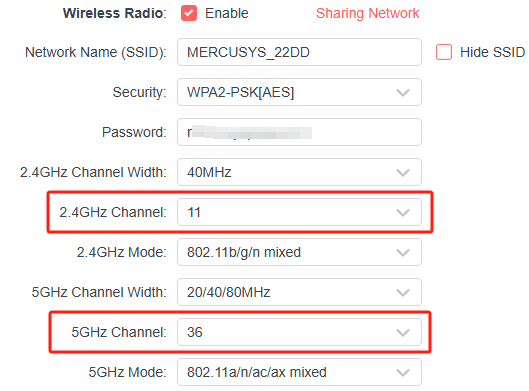 Locate the wireless channel settings.