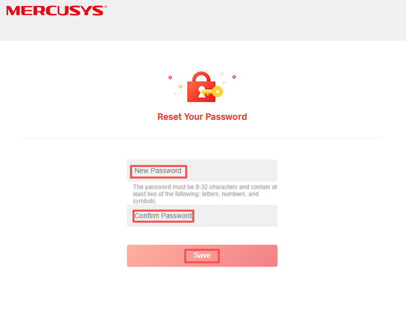 New password box, confirm password box and the save button.